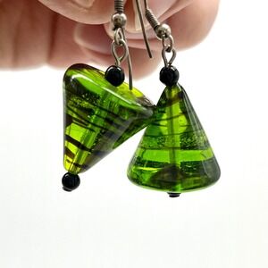Green Art Glass Dangle‎ Earrings Cone Shape Handmade Fashion Jewelry